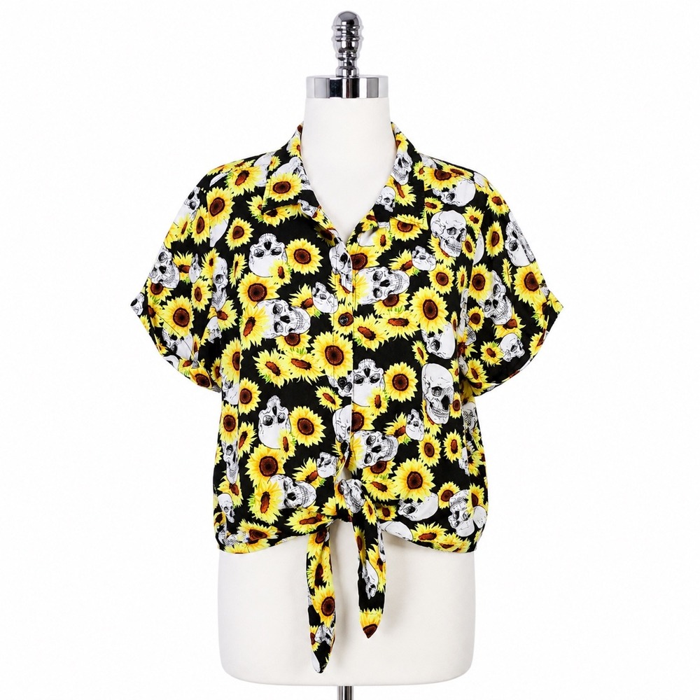 Spencer's Sunflower Skull Shirt Women L Black Yellow Goth Tie Front Button Down